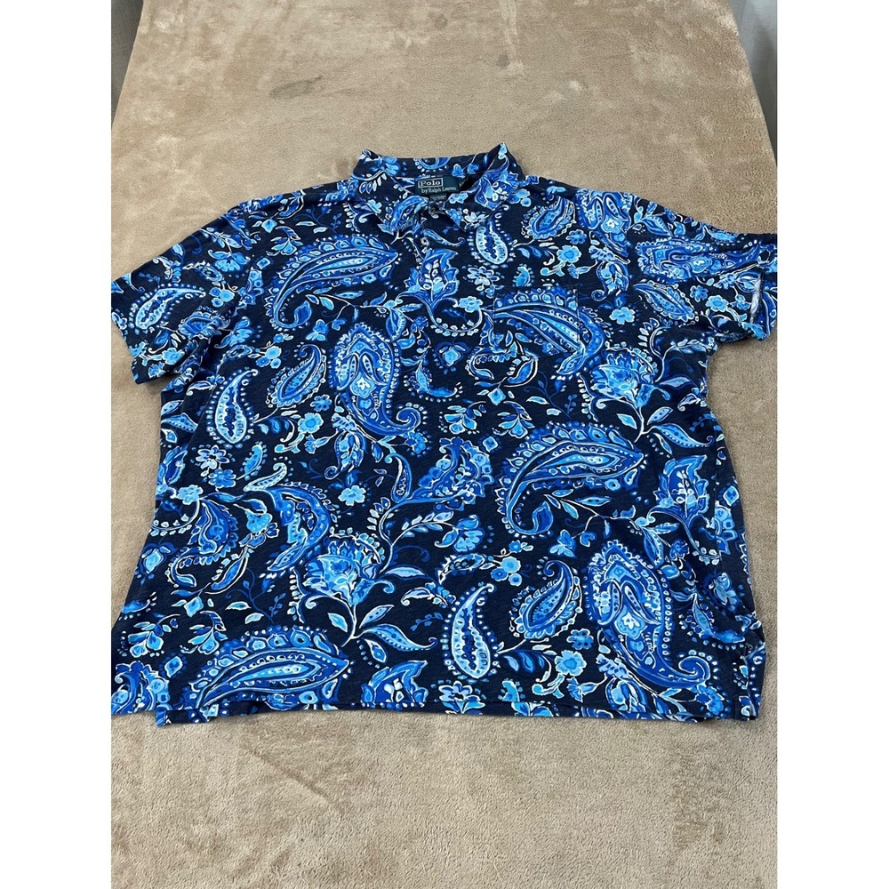 Vintage Polo Ralph Lauren Paisley Polo Shirt Mens XXL Blue Cotton Pocket S/S EUC